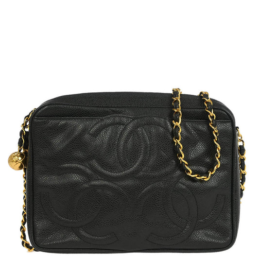 Chanel 1994-1996 Black Caviar Triple CC Camera Bag Small