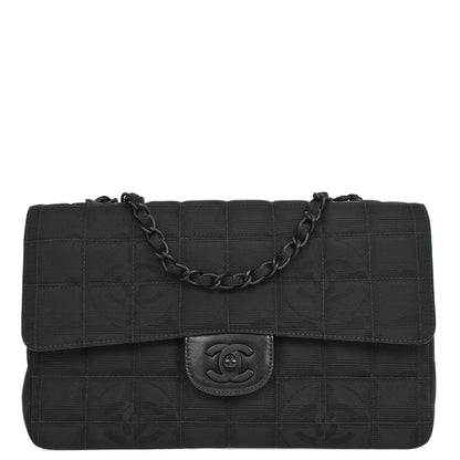 Chanel 2001-2003 Black Jacquard Nylon Travel Line Medium Classic Single Flap