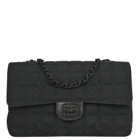 Chanel 2001-2003 Black Jacquard Nylon Travel Line Medium Classic Single Flap