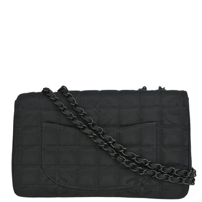 Chanel 2001-2003 Black Jacquard Nylon Travel Line Medium Classic Single Flap