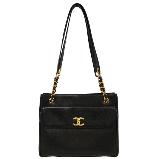 Chanel 1994-1996 Black Caviar Shoulder Tote Bag