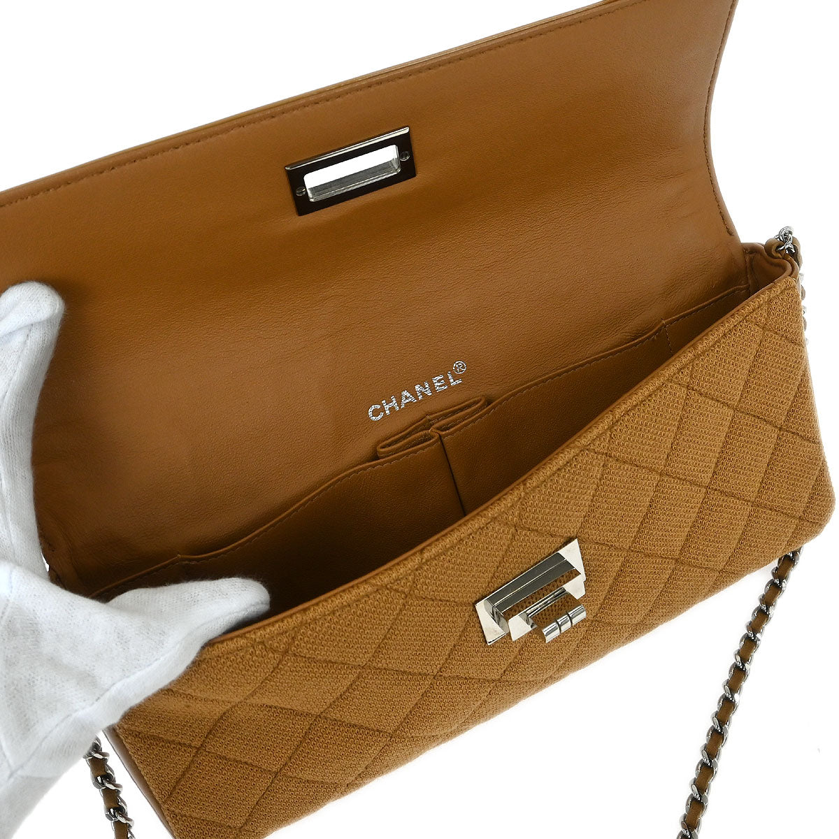 Chanel Brown Cotton East West Mademoiselle Lock Shoulder Bag