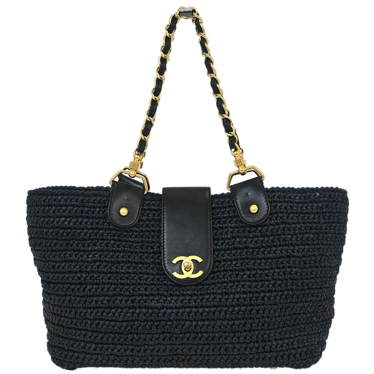 Chanel 2005-2006 Black Straw Chain Tote Handbag