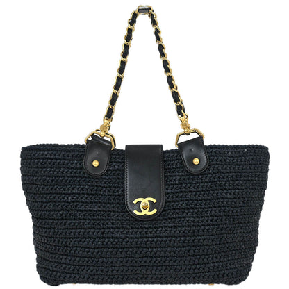Chanel 2005-2006 Black Straw Chain Tote Handbag