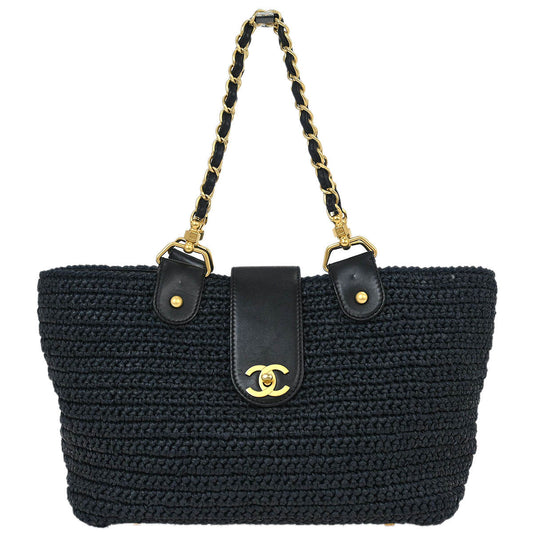 Chanel 2005-2006 Black Straw Chain Tote Handbag
