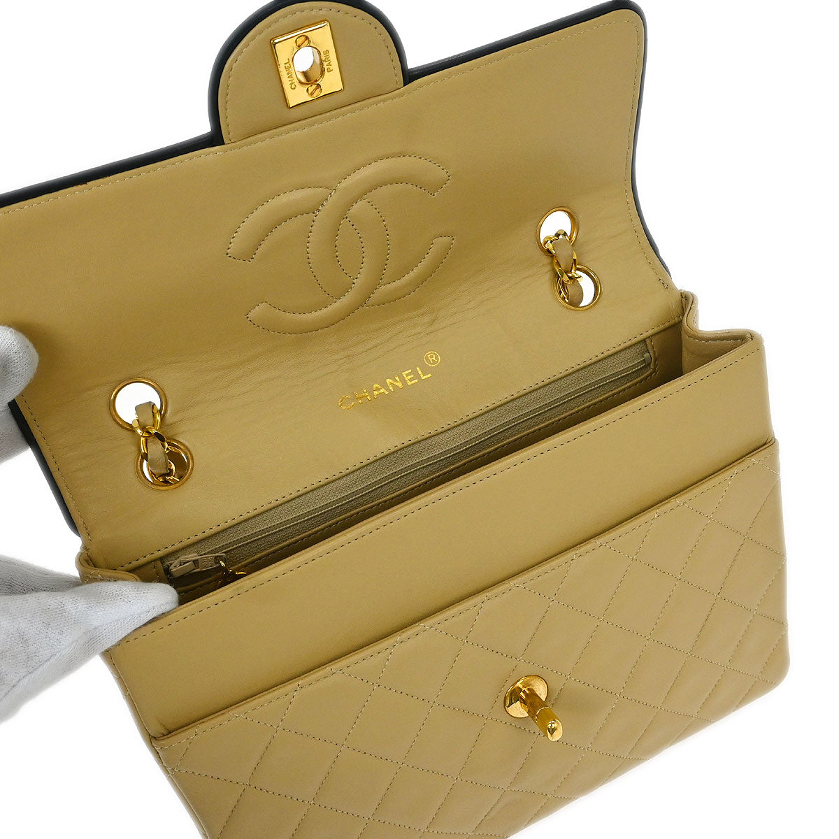 Chanel Beige Lambskin Single Flap Shoulder Bag