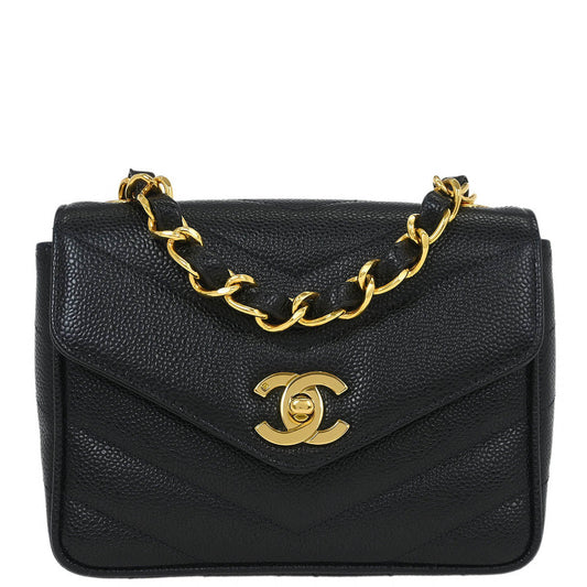Chanel Black Caviar Chevron Single Flap Shoulder Bag