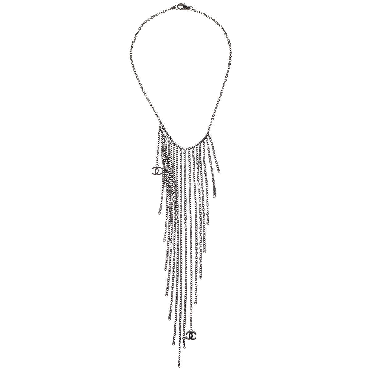 Chanel Fringe Chain Necklace Silver 02A