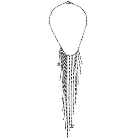 Chanel Fringe Chain Necklace Silver 02A