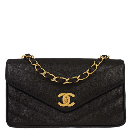 Chanel Black Caviar Chevron Shoulder Bag