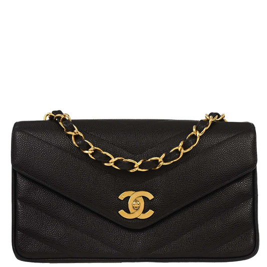 Chanel Black Caviar Chevron Shoulder Bag