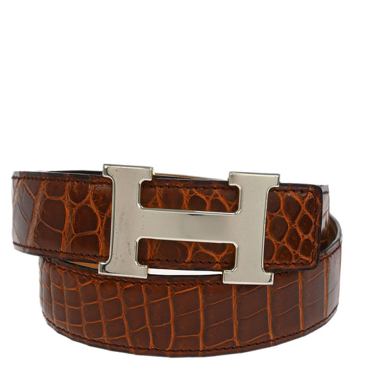 Hermes * Miel Porosus Crocodile Constance Reversible Belt #70 Small Good