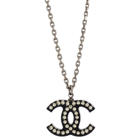 Chanel CC Chain Necklace Silver Black Rhinestone 05P