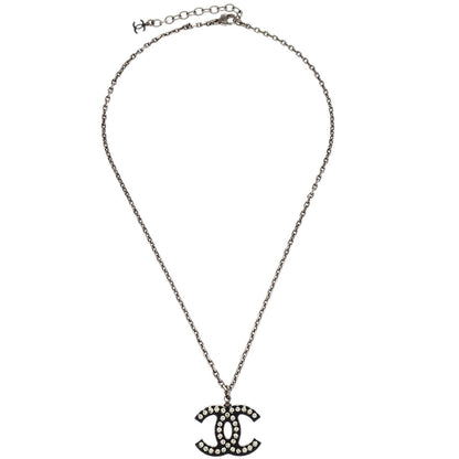 Chanel CC Chain Necklace Silver Black Rhinestone 05P