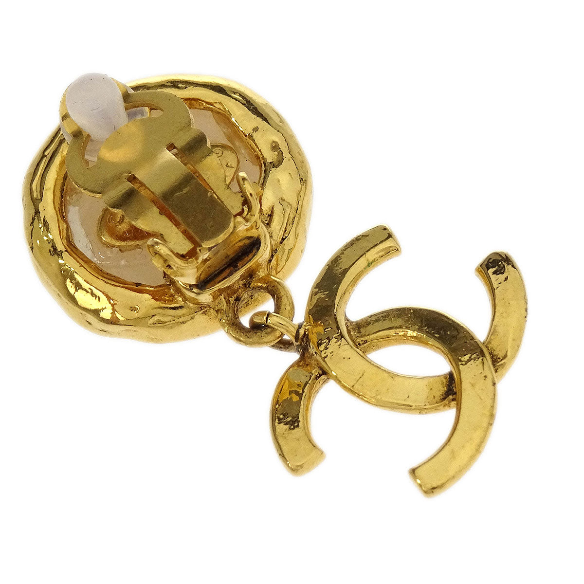 Chanel CC Costume Pearl Dangle Earrings Clip-On Gold 94P