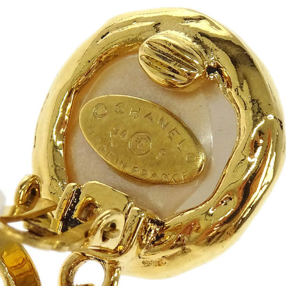 Chanel CC Costume Pearl Dangle Earrings Clip-On Gold 94P