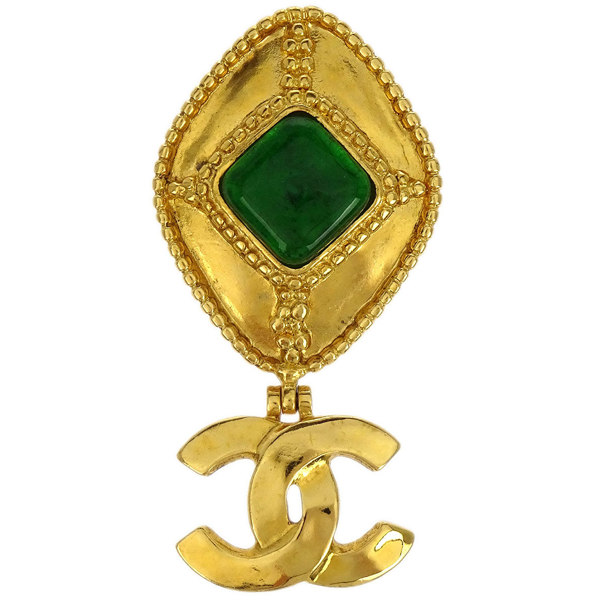 Chanel Gripoix Brooch Pin Gold Green CC Rhombus Dangle 96A