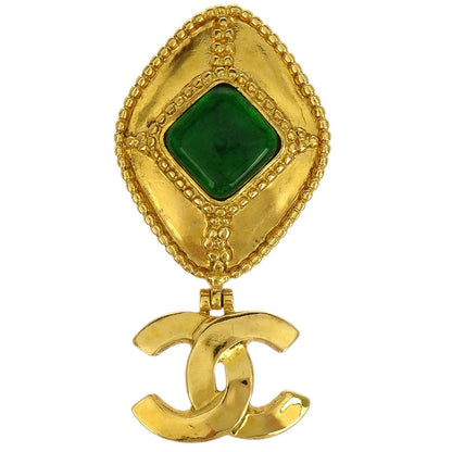 Chanel Gripoix Brooch Pin Gold Green CC Rhombus Dangle 96A