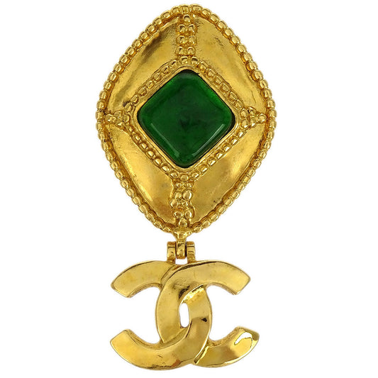 Chanel Gripoix Brooch Pin Gold Green CC Rhombus Dangle 96A