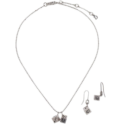 Christian Dior 2set Necklace Piercing Earrings Dice Silver