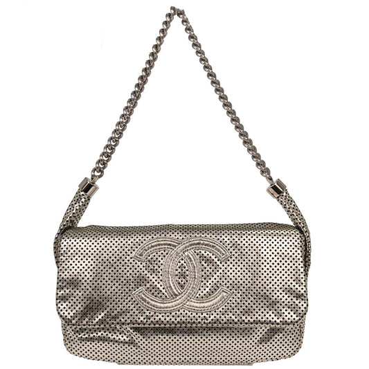 Chanel Silver Perforated Lambskin Handbag