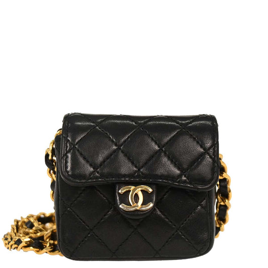 Chanel Black Lambskin Classic Flap Micro Chain Crossbody Bag Pouch