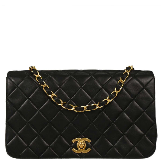 Chanel 1989-1991 Black Lambskin Turnlock Small Full Flap Shoulder Bag