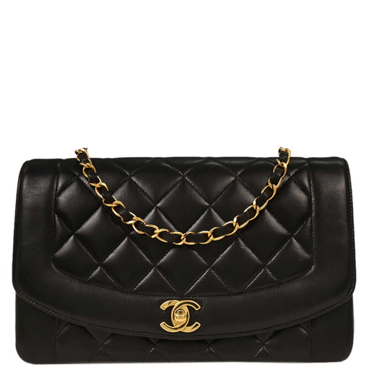 Chanel 1991-1994 Black Lambskin Medium Diana Shoulder Bag