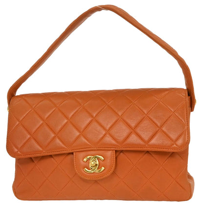 Chanel Orange Lambskin Double Sided Flap Handbag