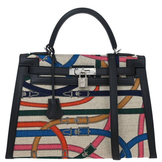 Hermes Black Toile De Camp Cavalcadour Kelly 32 Sellier Handbag