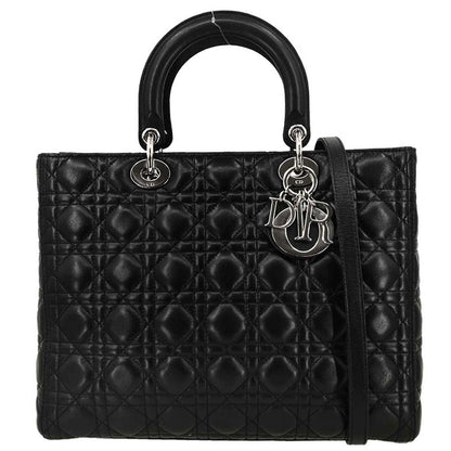 Christian Dior Black Lambskin Large Lady Dior Cannage 2way Shoulder Handbag