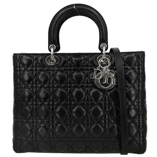 Christian Dior Black Lambskin Large Lady Dior Cannage 2way Shoulder Handbag