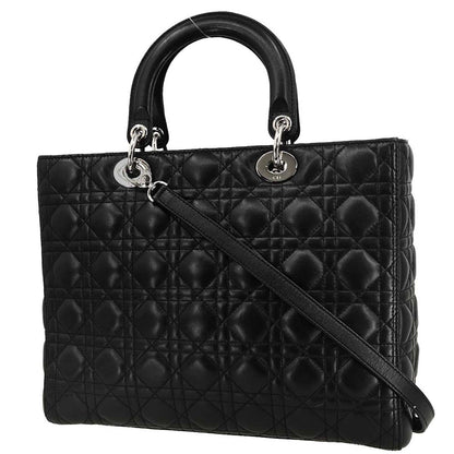 Christian Dior Black Lambskin Large Lady Dior Cannage 2way Shoulder Handbag