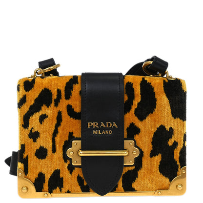 Prada Yellow Black Velvet Leopard Cahier Shoulder Bag