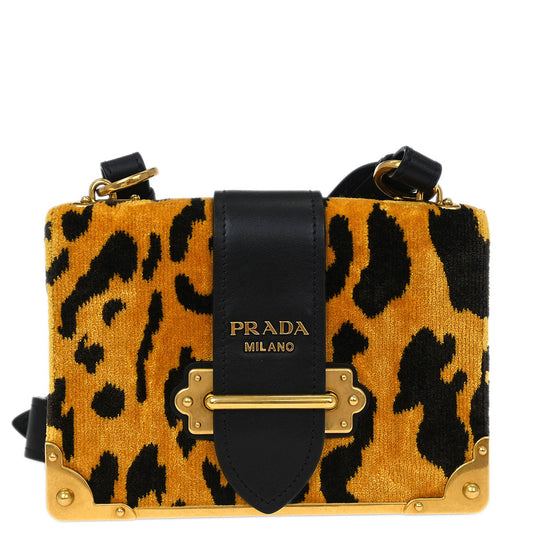 Prada Yellow Black Velvet Leopard Cahier Shoulder Bag