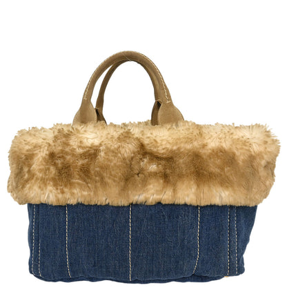Prada Blue Denim Faux Fur Canapa Tote Handbag
