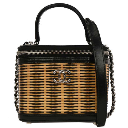 Chanel Black Beige Rattan Calfskin Vanity Handbag