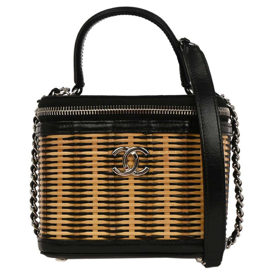 Chanel Black Beige Rattan Calfskin Vanity Handbag