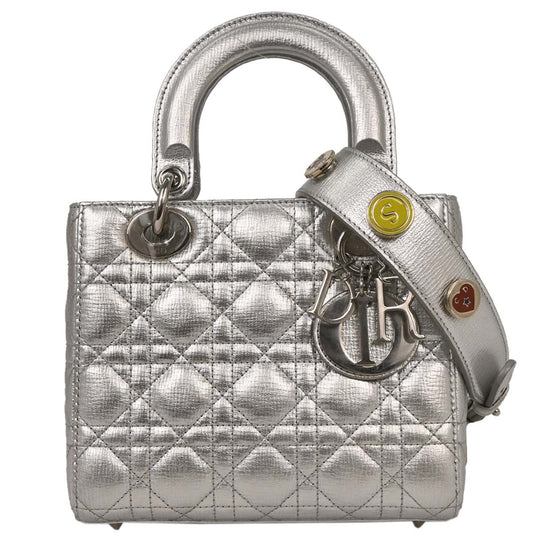 Christian Dior Silver Lambskin Small Lady Dior Cannage 2way Shoulder Handbag