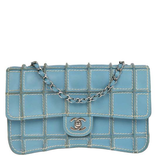 Chanel 2001-2003 Light Blue Calfskin Wild Stitch Choco Bar Shoulder Bag