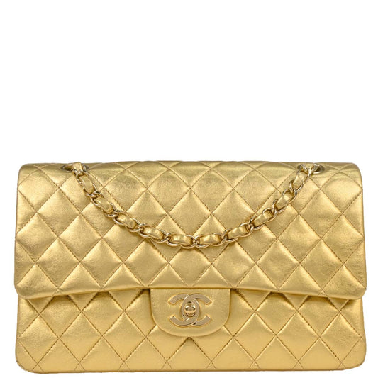 Chanel 2001-2003 Metallic Gold Lambskin Medium Classic Double Flap Shoulder Bag