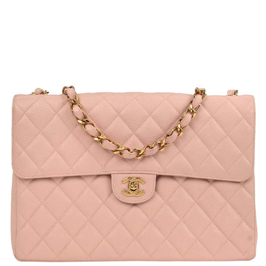 Chanel 2001-2003 Pink Caviar Jumbo Classic Flap Shoulder Bag