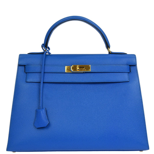 Hermes 1997 Blue Courchevel Kelly 32 Sellier Handbag