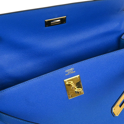 Hermes 1997 Blue Courchevel Kelly 32 Sellier Handbag