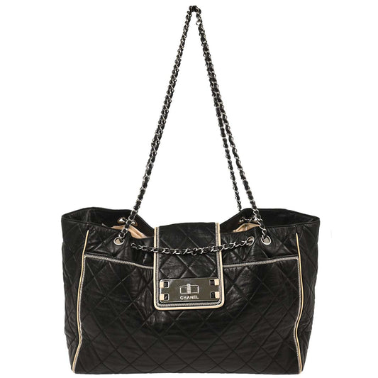Chanel 2008-2009 Black Calfskin Mademoiselle Lock Chain Tote Shoulder Bag