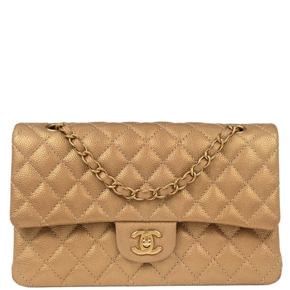 Chanel 2014-2015 Metallic Gold Caviar Medium Classic Double Flap Shoulder Bag