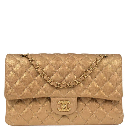 Chanel 2014-2015 Metallic Gold Caviar Medium Classic Double Flap Shoulder Bag