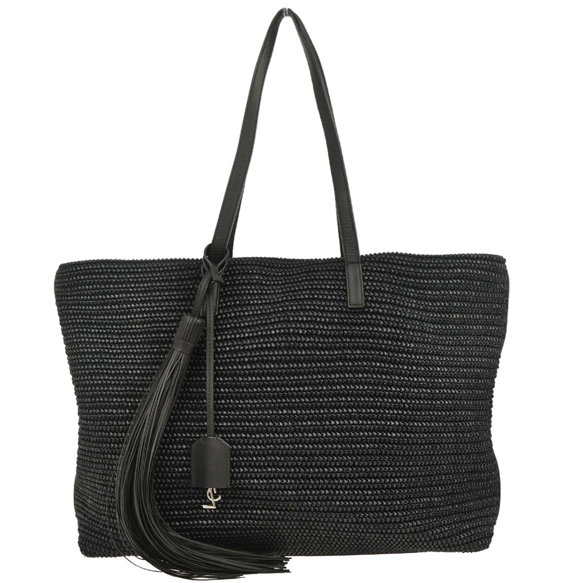 Saint Laurent Black Raffia Tassel Tote Handbag