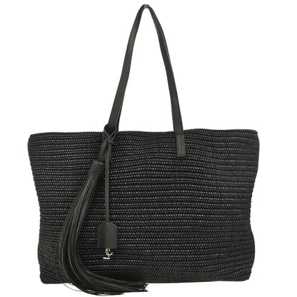 Saint Laurent Black Raffia Tassel Tote Handbag