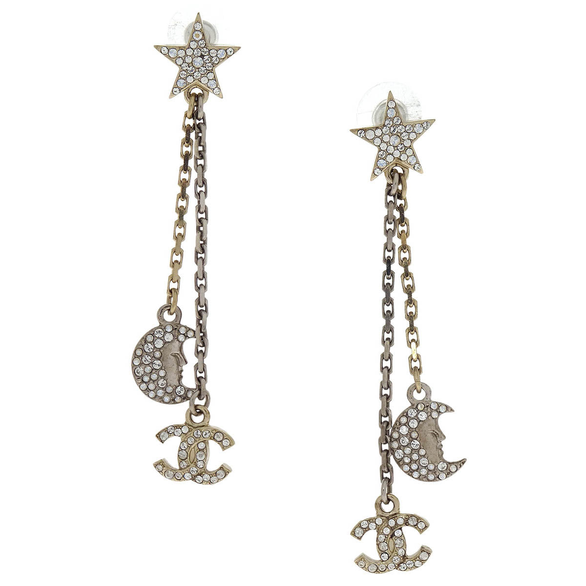 Chanel Star CC Moon Dangle Piercing Earrings Silver Rhinestone 17B